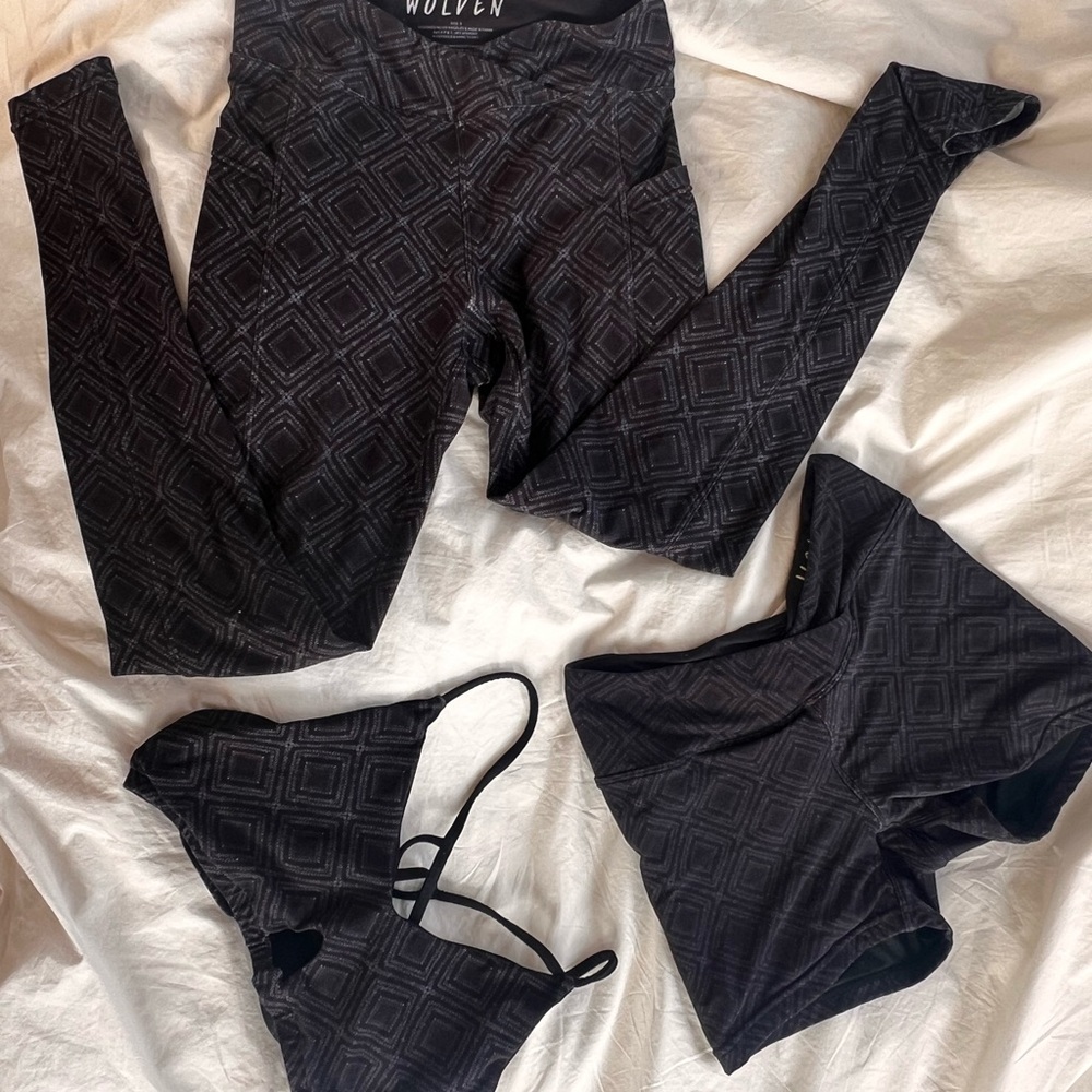 Wolven summit black three piece activewear set yoga bra leggings and shorts